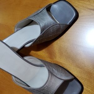 A pair of  ladies Cole Haan sandal. Grey silk with Leather.  VINTAGE!!!!!